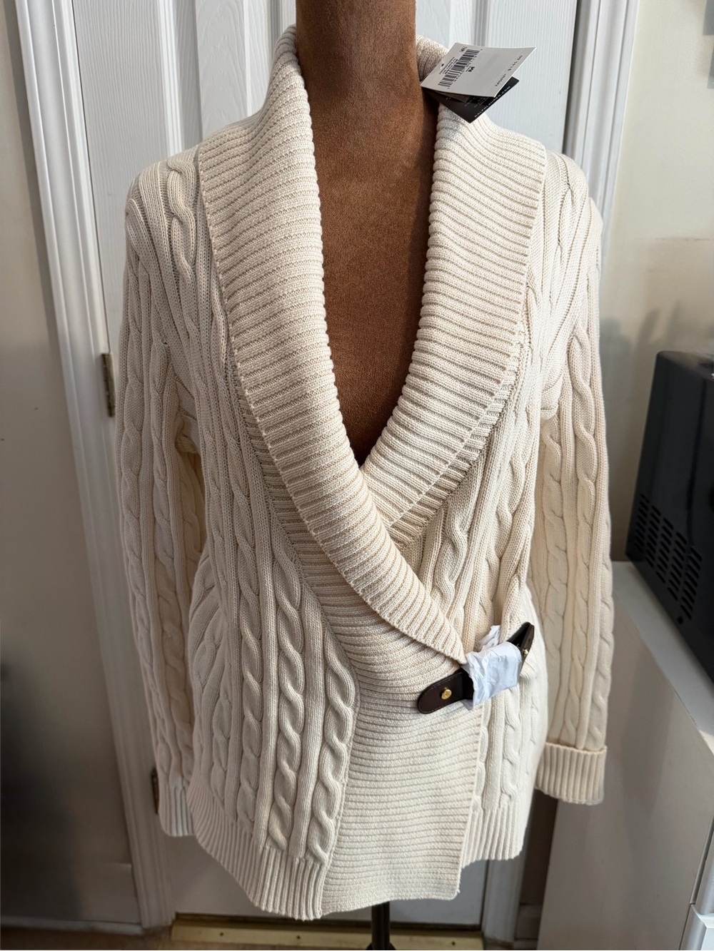 Lauren by Ralph Lauren Cream Cable-Knit Shawl Collar Cardigan with LRL Buckle